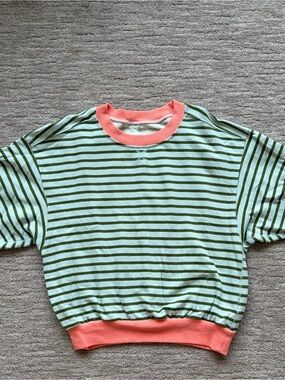 Pilcro Mint & Olive Striped Women’s Sweatshirt with Coral Trim